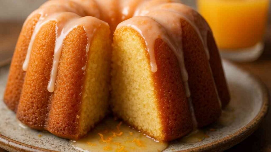 Moist slice of Harvey Wallbanger cake with orange glaze and zest on ceramic plate.