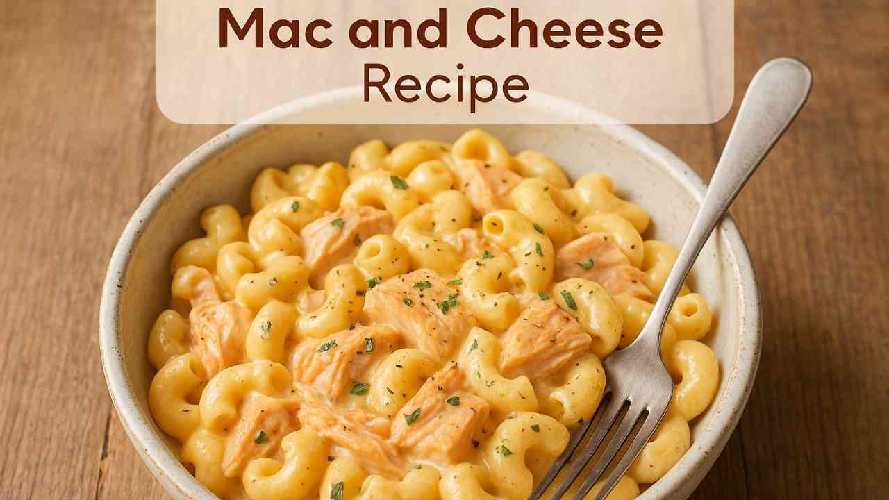 Bowl of creamy salmon mac and cheese topped with herbs, served in rustic white dishware.