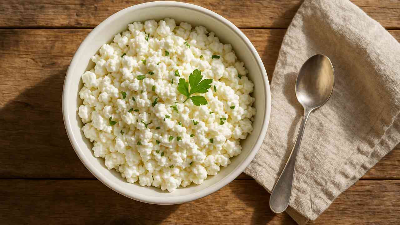 Homemade cottage cheese in a white ceramic bowl, garnished with herbs on a rustic wooden table