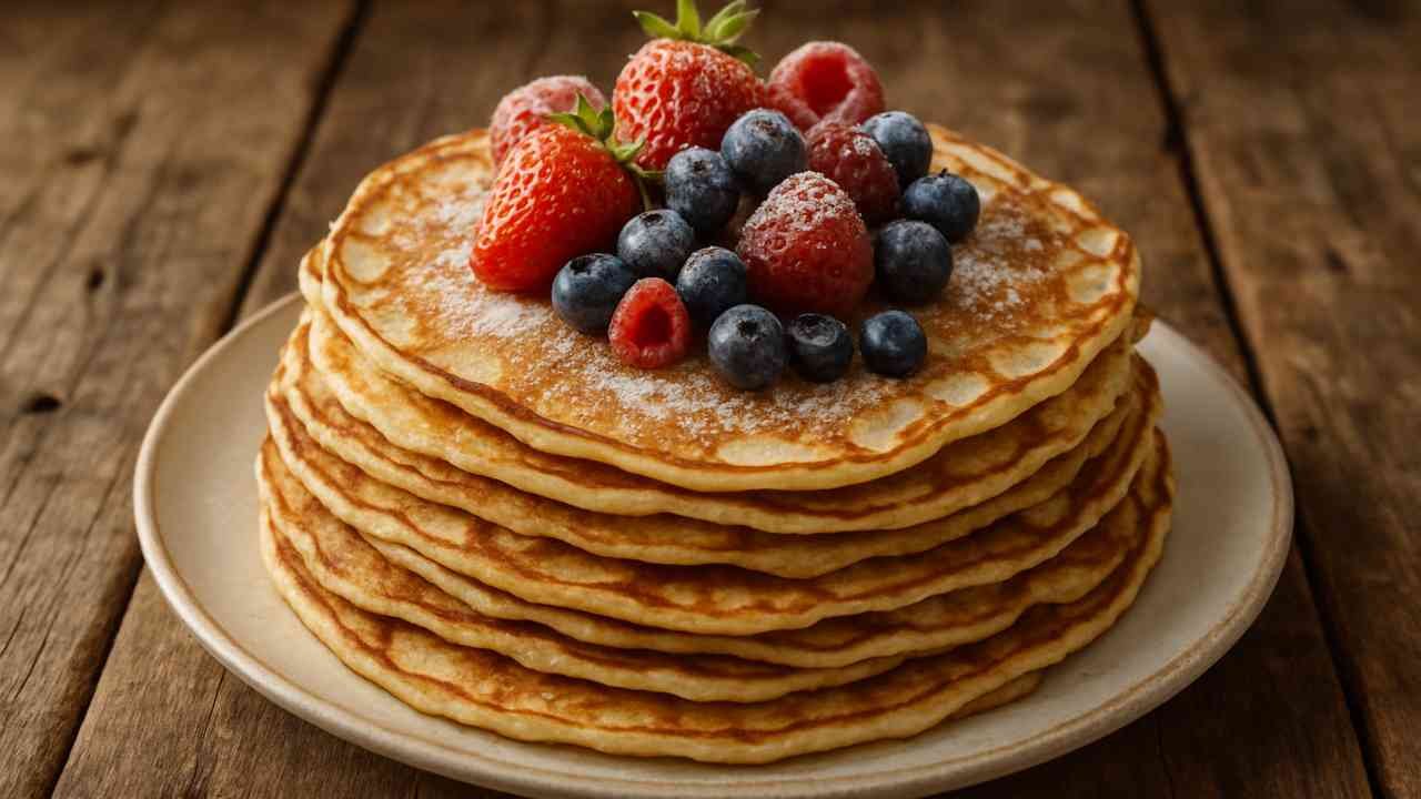 Norwegian pancakes with fresh berries and powdered sugar