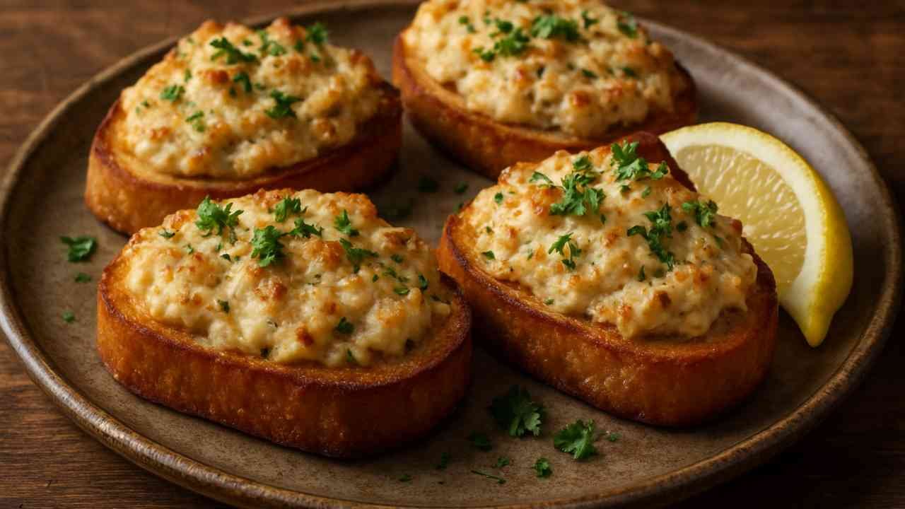 Golden Crabbies with crab mixture, fresh parsley, and lemon
