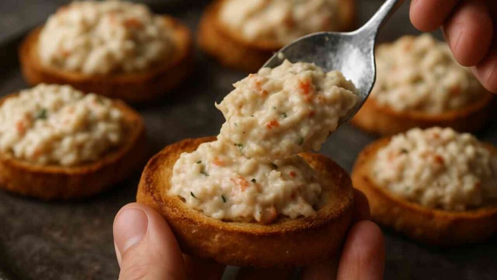 Preparing Crabbies with crab mixture on toasted bread